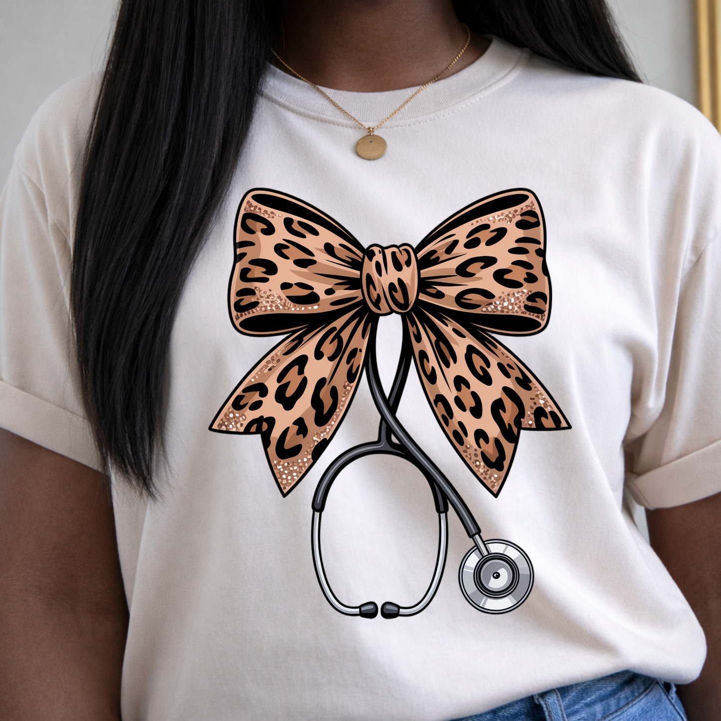 Leopard Bow Stethoscope Nurse T-Shirt