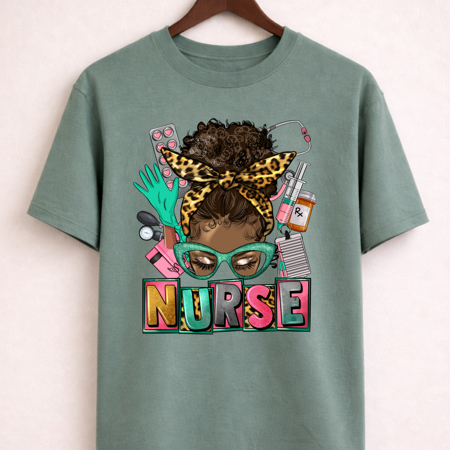 Messy Bun Nurse T-shirt in Moss