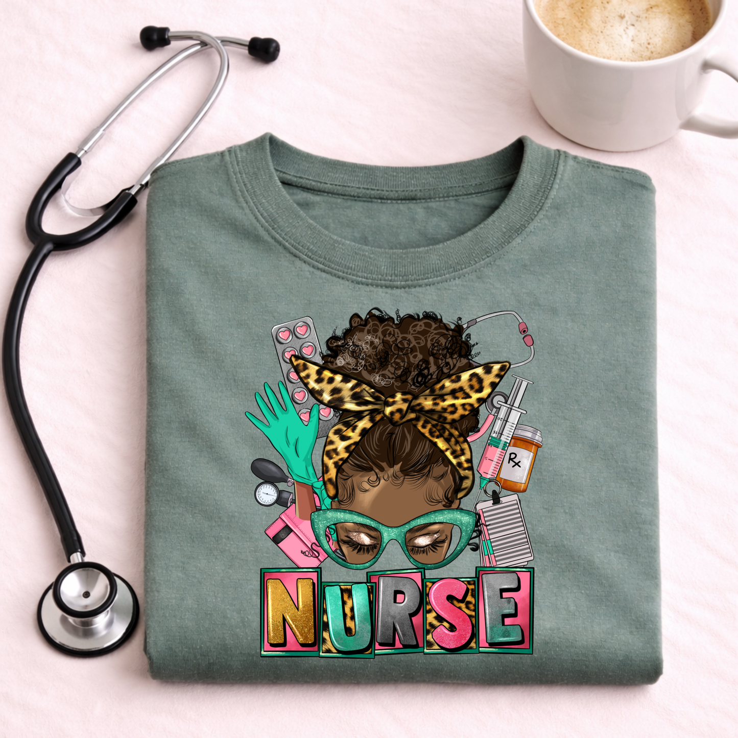 Messy Bun Nurse T-shirt in Moss
