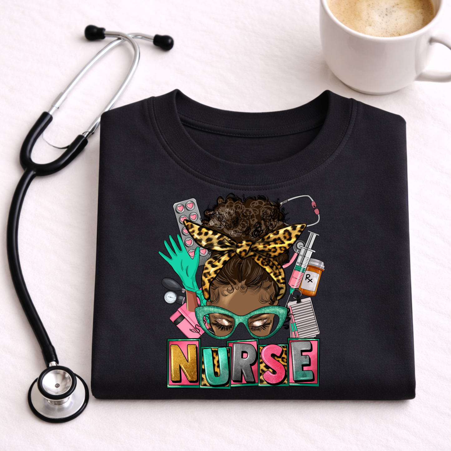 Messy Bun Nurse T-shirt in Black