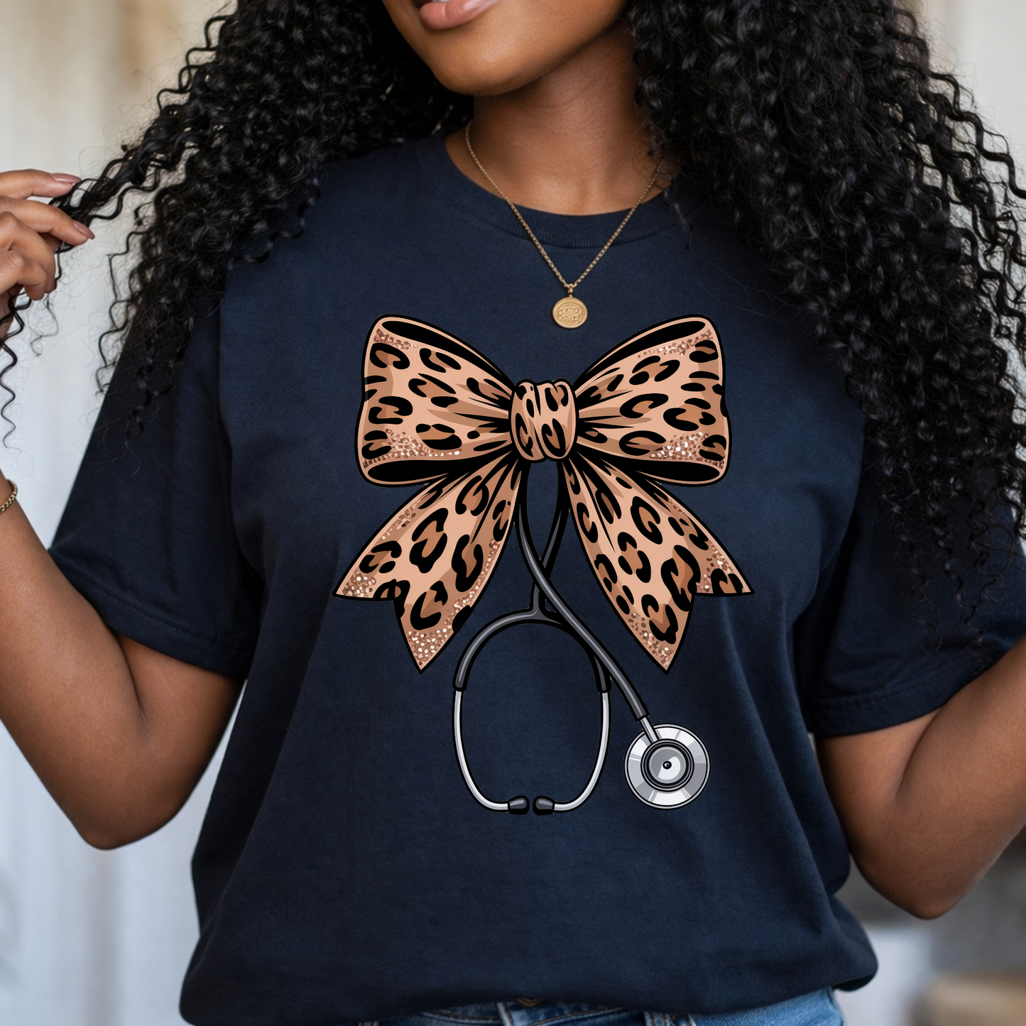 Leopard Bow Stethoscope Nurse T-Shirt