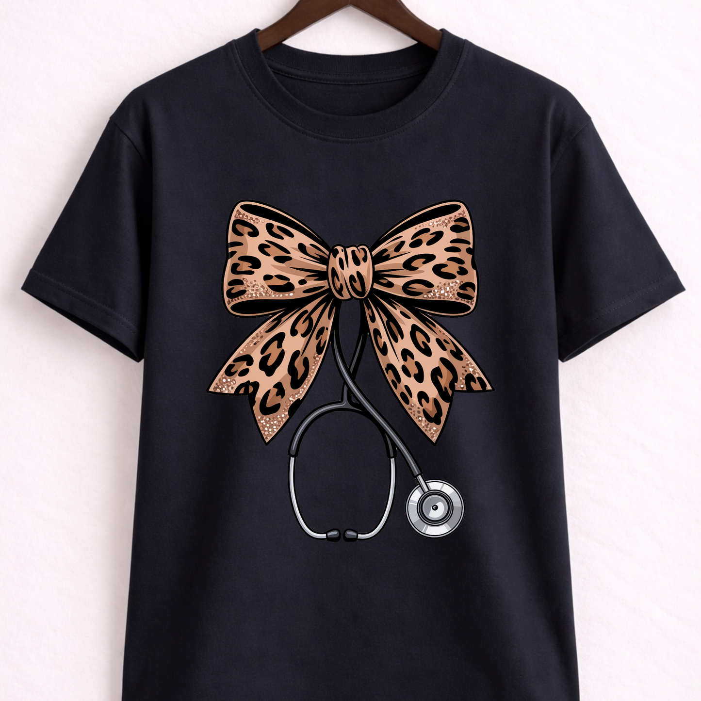 Leopard Bow Stethoscope Nurse T-Shirt