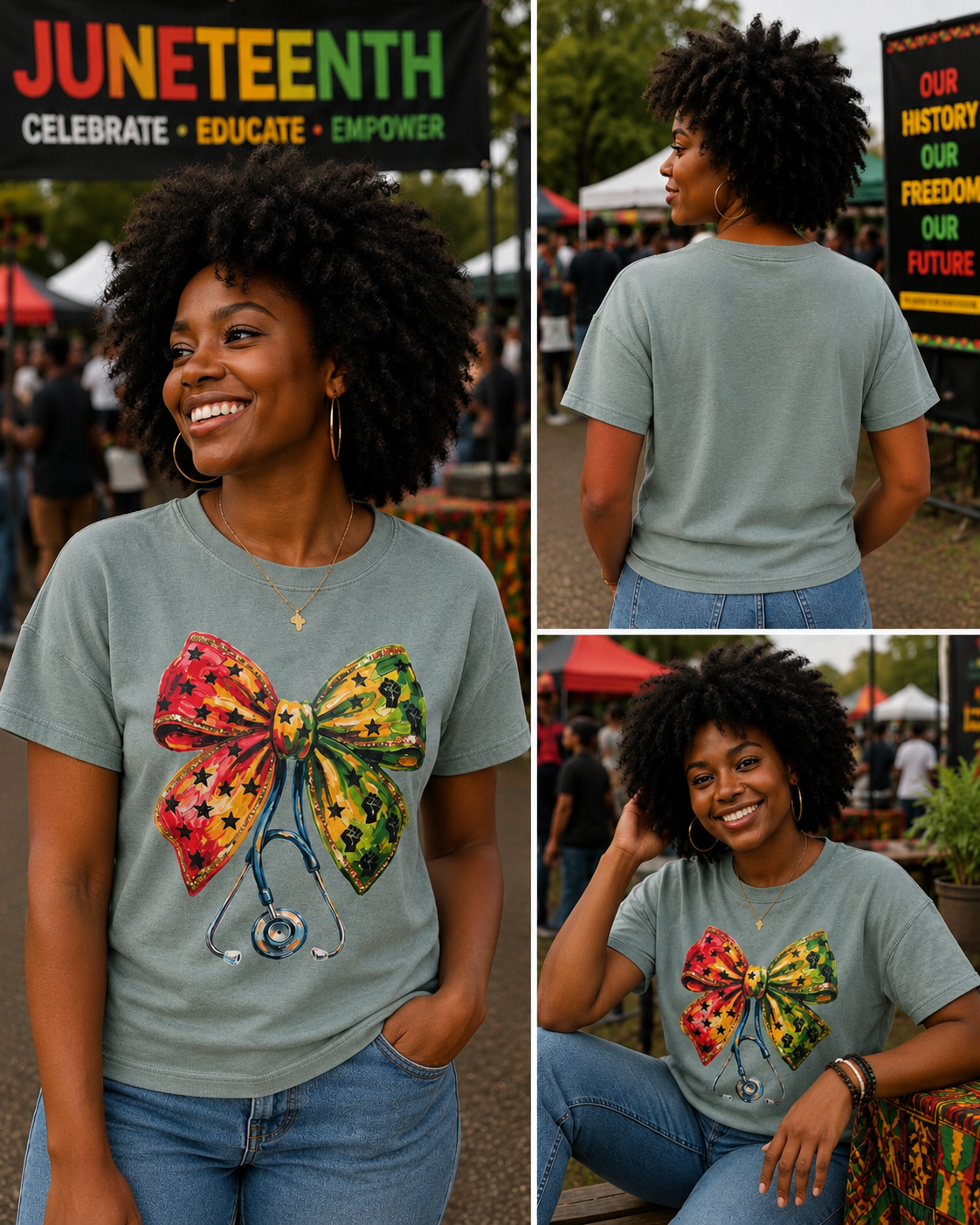 Juneteenth Nurse Bow Stethoscope Tee