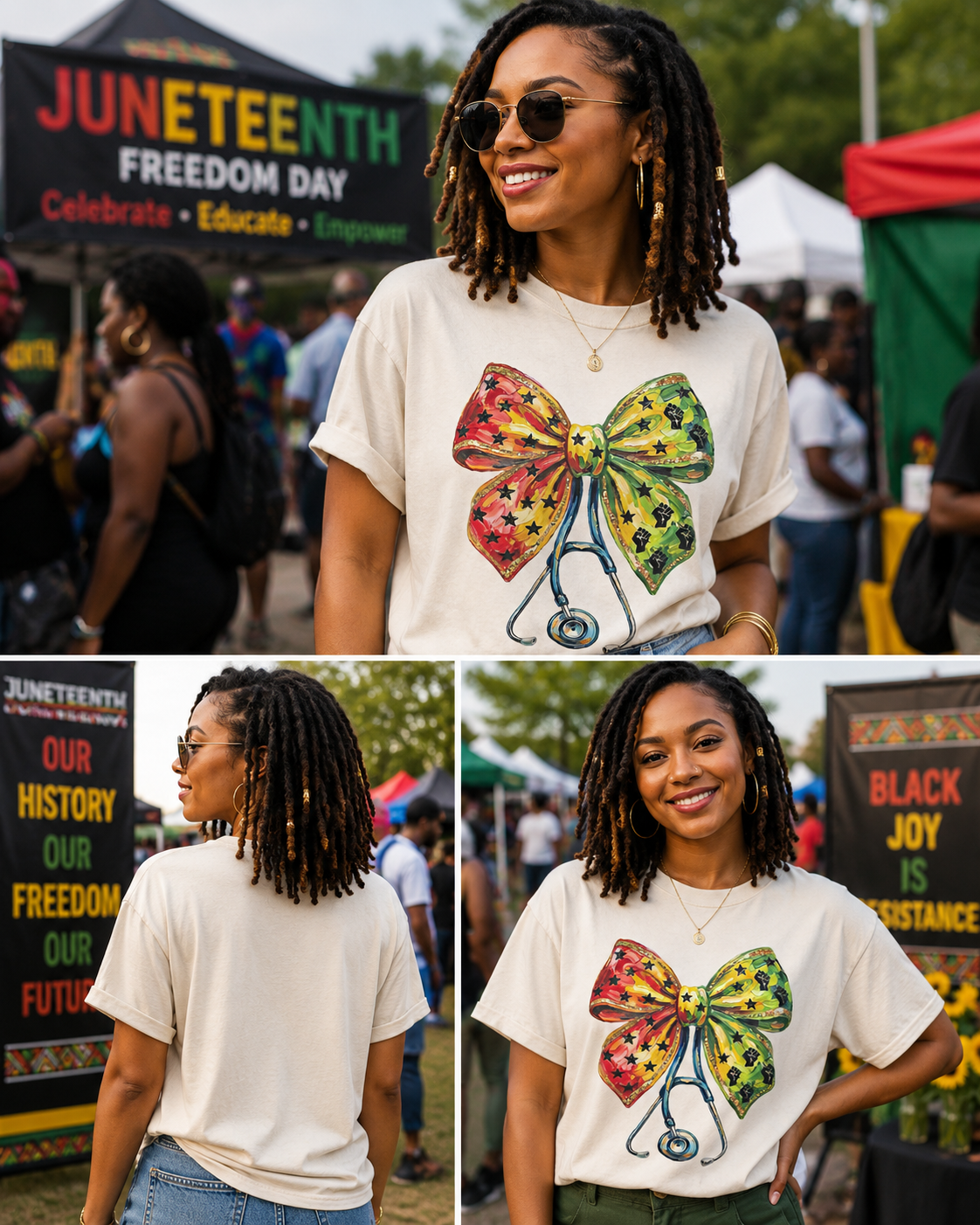 Juneteenth Nurse Bow Stethoscope Tee