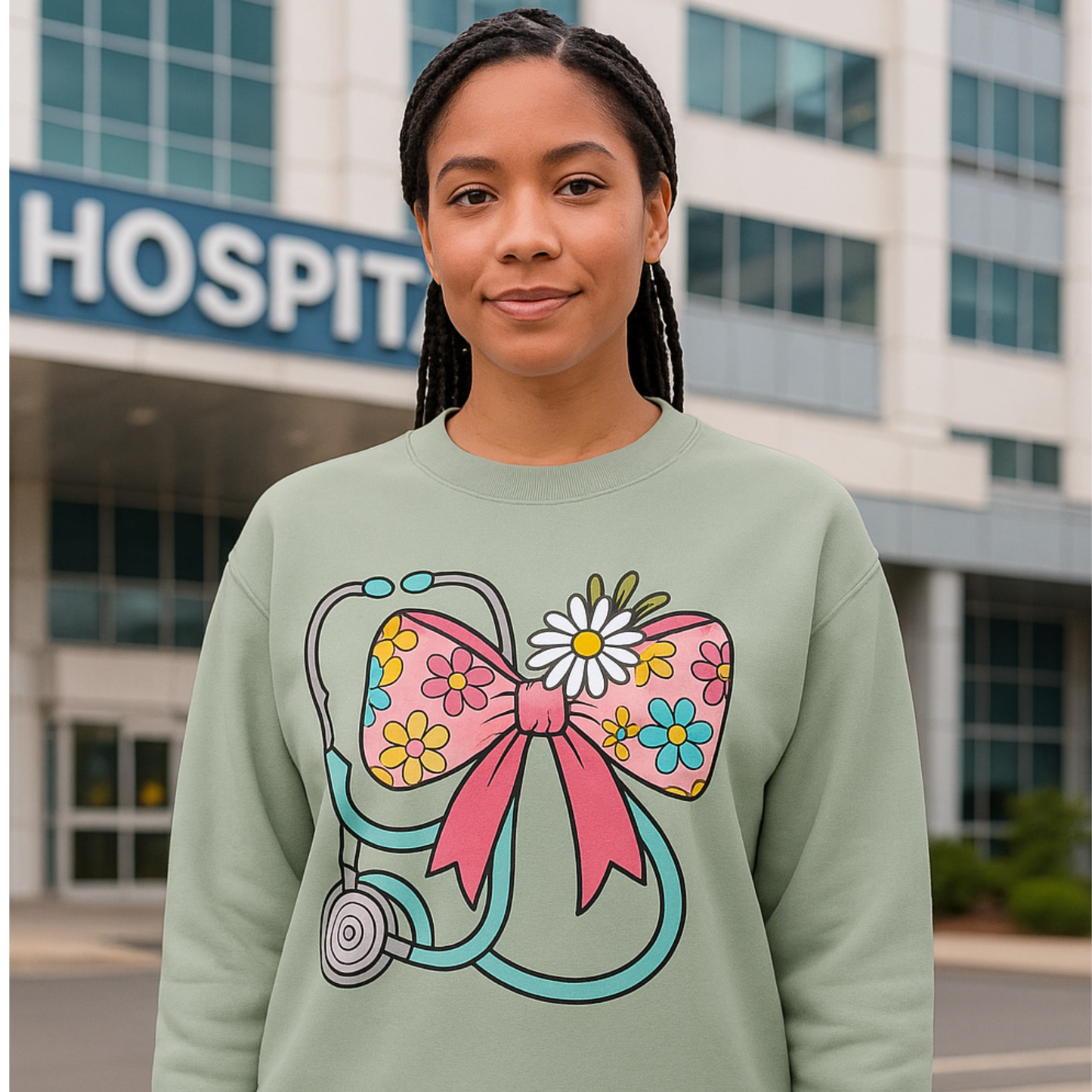 Floral Bow Stethoscope Nurse Sweatshirt Pretty Blank Design, LLC
